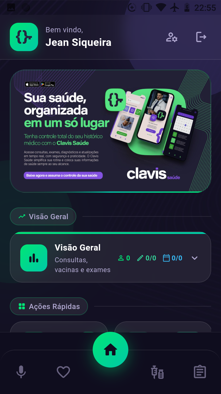 Tela inicial do app Clavis Saúde